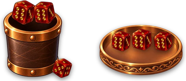 The leather dice cup and the copper dice frame of CUP OF SIXES with red dice